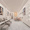 Modern Beauty Salon Interior With Styling Chairs Ceiling Lights Product Shelves And Wall Posters
