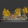 Traditional Asian Architectural Scene Model With Pagoda Golden Trees And Circular Base
