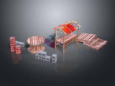 Wooden Scene Building Components With Pavilion Platforms Brick Stacks And Planks 3d model