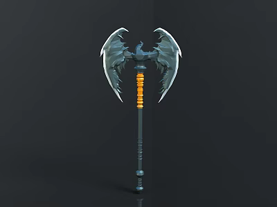 Fantasy Winged Axe Weapon 3D Model With Orange Black Handle Metal Blade 3d model