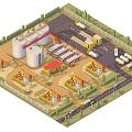 Cartoon Style Oil Industry Facility With Storage Tanks Oil Pumps Trucks And Roads