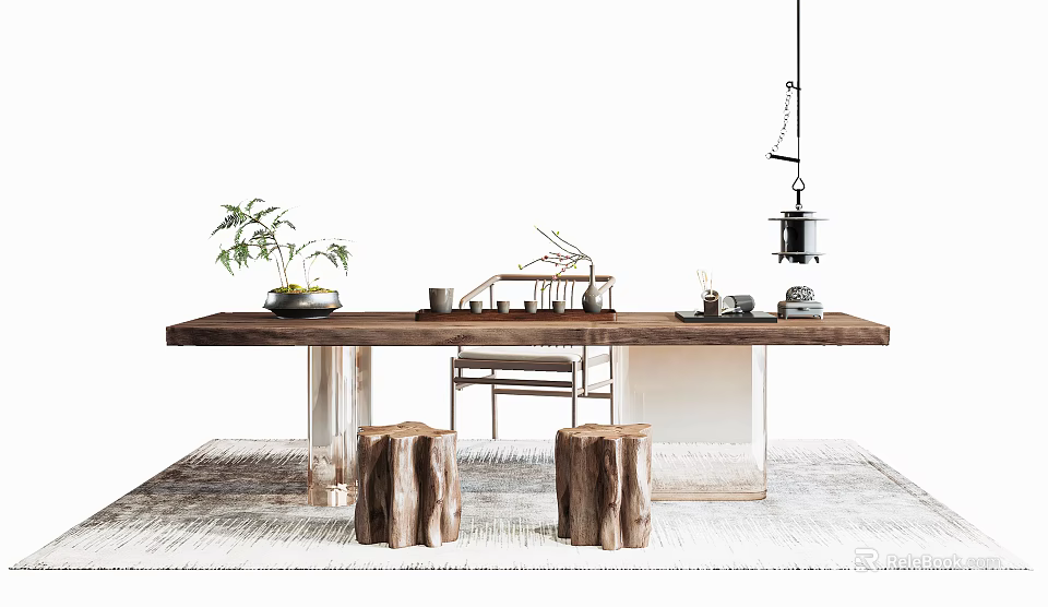 Natural Rustic Tea Table and Chairs With Wooden Stools Potted Plant and Woven Rug 3d model 