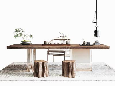 Natural Rustic Tea Table and Chairs With Wooden Stools Potted Plant and Woven Rug 3d model