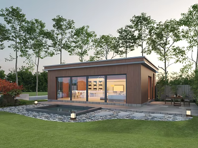 Modern House Exterior With Wooden Design Large Glass Windows Lawn Pool And Trees 3d model