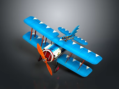 Blue Vintage Biplane Model With White Triangular Patterns And Red Propeller 3d model