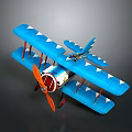 Blue Vintage Biplane Model With White Triangular Patterns And Red Propeller 3d model