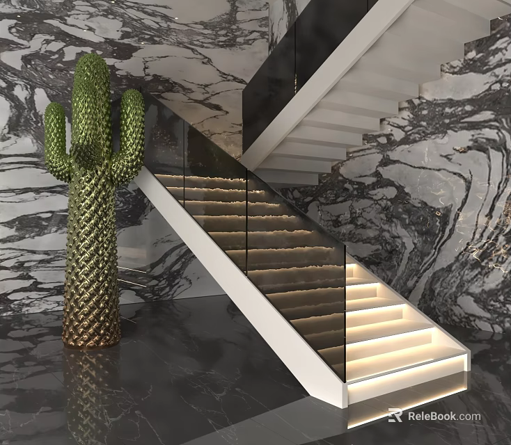Modern Staircase Design With Glass Railing Marble Wall Cactus Decor And LED Lighting 3d model 