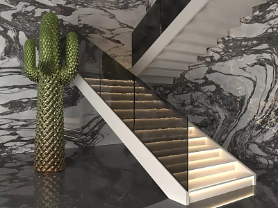 Modern Staircase Design With Glass Railing Marble Wall Cactus Decor And LED Lighting 3d model