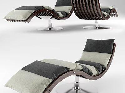 Outdoor Lounge Chair With Wooden Frame Gray And Beige Cushions Metal Base 3d model