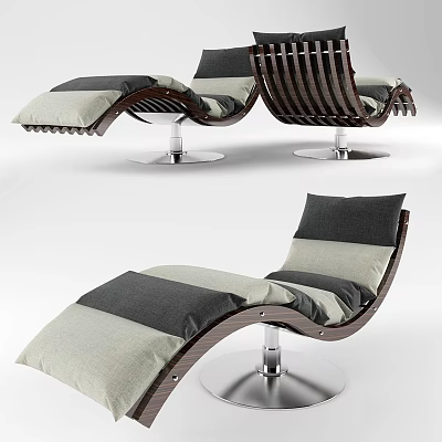 Outdoor Lounge Chair With Wooden Frame Gray And Beige Cushions Metal Base 3d model