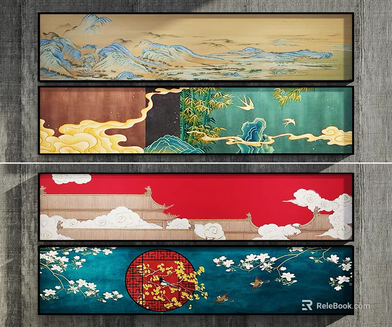 Abstract Painting With Mountain Landscape Cloud Patterns Bamboo And Red Background Floral Motifs 3d model