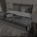 Modern Double Bed With Gray Headboard Bedding Pillows Nightstands Table Lamps Window Curtains And Rug
