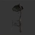 Outdoor Bench Featuring Metal Frame Wooden Seat Curved Design Umbrella and Lamp