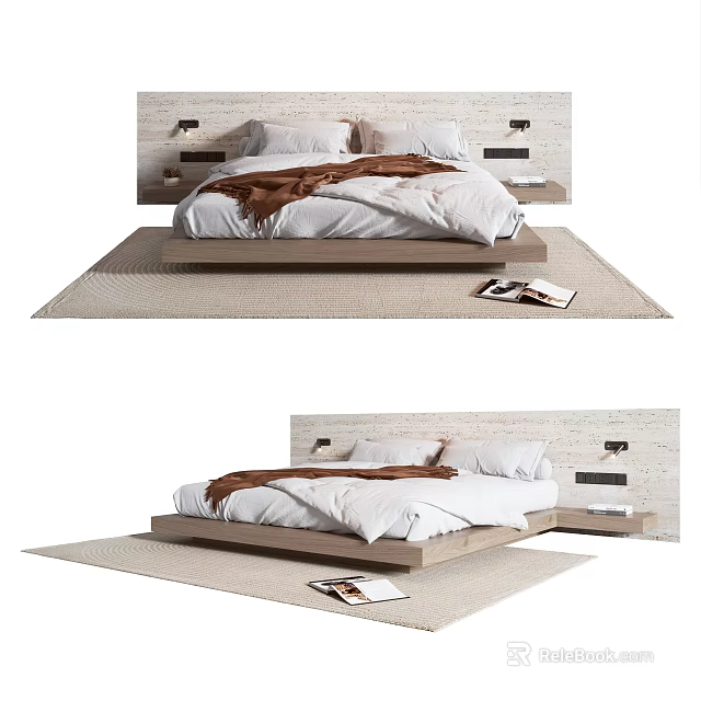 Cozy Modern Double Bed With Wooden Headboard Soft Bedding And Area Rug 3d model 