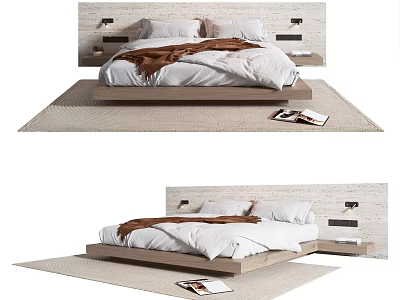 Cozy Modern Double Bed With Wooden Headboard Soft Bedding And Area Rug 3d model