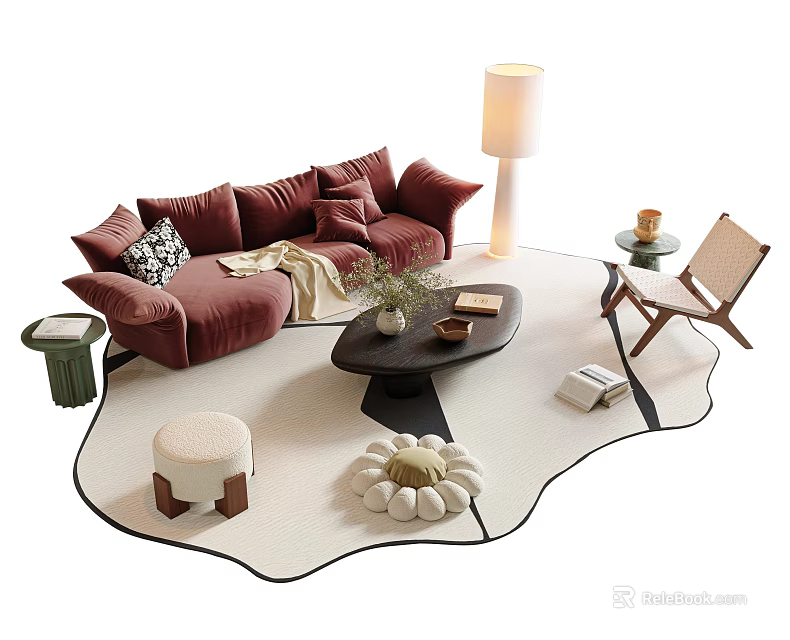 Stylish Red Sofa And Coffee Table Set With Cushions Plant Floor Lamp And Stool 3d model 