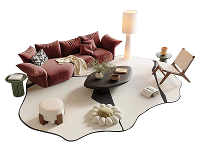 Stylish Red Sofa And Coffee Table Set With Cushions Plant Floor Lamp And Stool 3d model