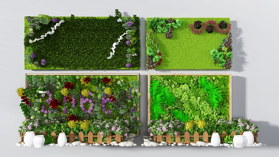 Living Green Plant Wall Design With Colorful Flowers Various Plants and Decorative Fence 3d model 