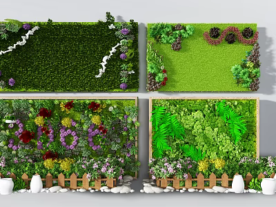 Living Green Plant Wall Design With Colorful Flowers Various Plants and Decorative Fence 3d model