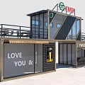 Two Story Container Building With Outdoor Bar Seating Area And Glass Windows