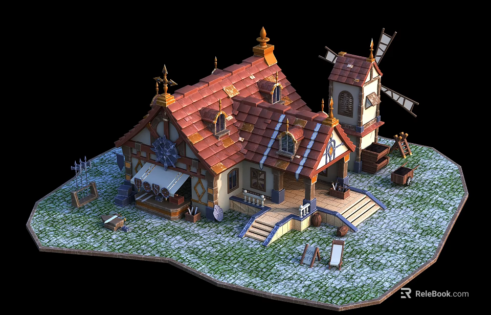 Cartoon Village Scene With Red Roof Windmill Grass Lawn Steps And Tables 3d model 