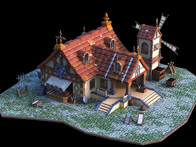 Cartoon Village Scene With Red Roof Windmill Grass Lawn Steps And Tables 3d model
