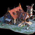 Cartoon Village Scene With Red Roof Windmill Grass Lawn Steps And Tables