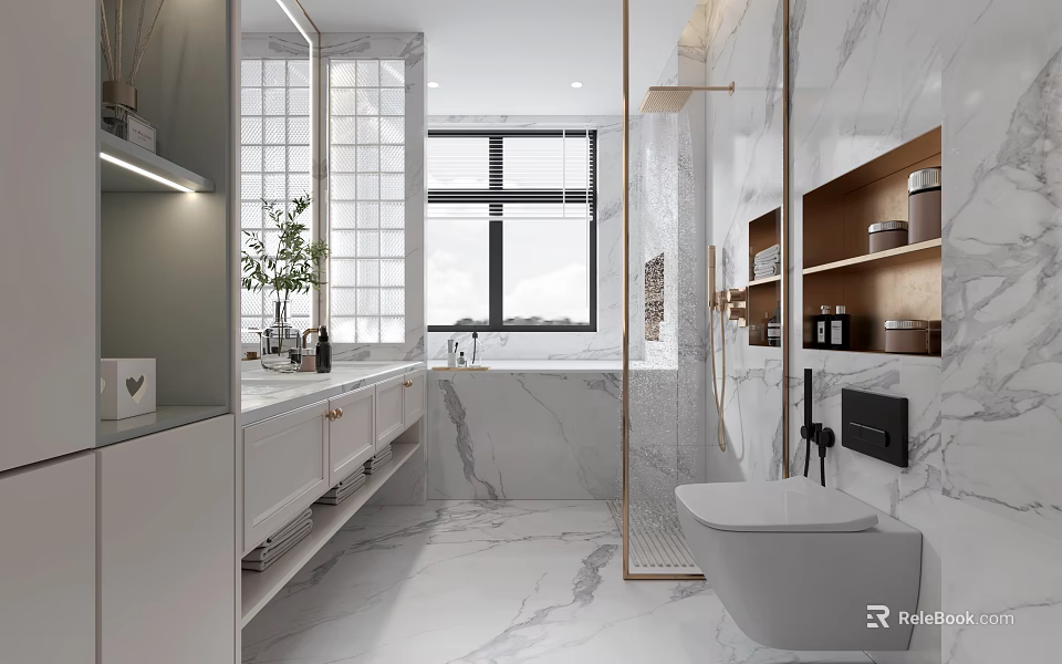 Modern Bathroom Interior With Marble Walls Bathtub Vanity And Shelves 3d model 