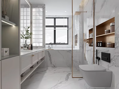Modern Bathroom Interior With Marble Walls Bathtub Vanity And Shelves 3d model