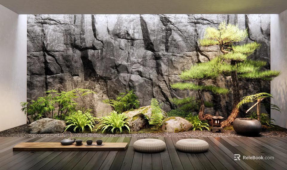 Zen Garden Design With Rock Wall Bonsai Pine Green Plants And Wooden Deck 3d model 