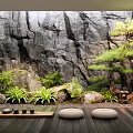 Zen Garden Design With Rock Wall Bonsai Pine Green Plants And Wooden Deck
