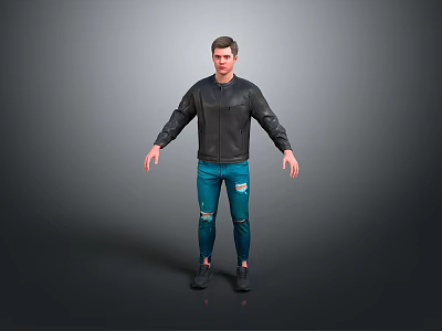 Men's Black Leather Jacket With Distressed Denim Jeans Casual Daily Outfit Look 3d model