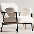 Modern Leisure Chair Featuring Light Fabric Upholstery Black Metal Frame And Wooden Side Table
