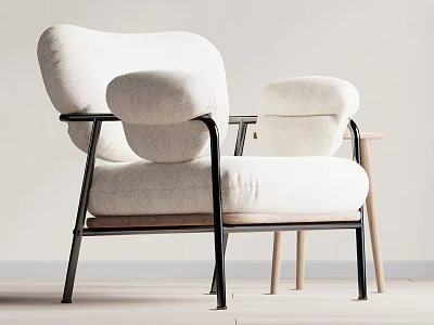 Modern Leisure Chair Featuring Light Fabric Upholstery Black Metal Frame And Wooden Side Table 3d model