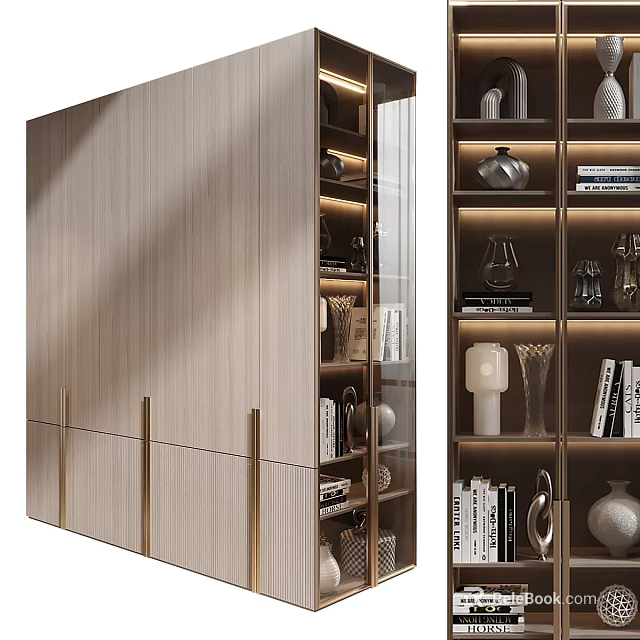 Modern Decorative Cabinet With Wooden Surface Golden Handles And Glass Doors Displaying Books Vases 3d model 