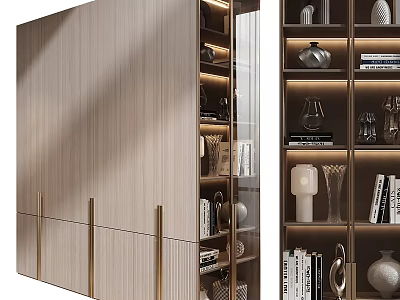 Modern Decorative Cabinet With Wooden Surface Golden Handles And Glass Doors Displaying Books Vases 3d model