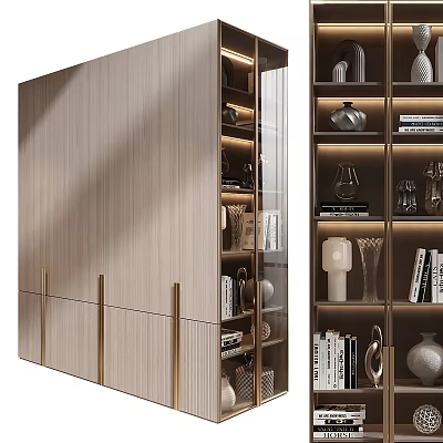 Modern Decorative Cabinet With Wooden Surface Golden Handles And Glass Doors Displaying Books Vases 3d model