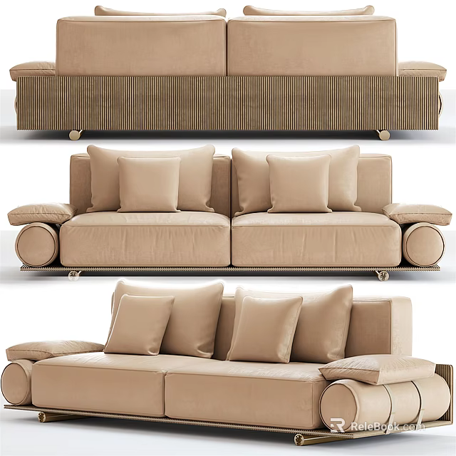 Modern Two Seater Sofa With Plush Beige Cushions Velvet Upholstery And Curved Armrests 3d model 