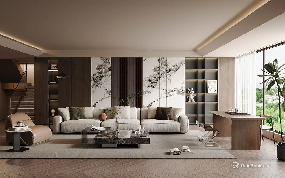 Modern Living Room Interior With Large Sofa Coffee Table Bookshelves Artwork And Rug 3d model 