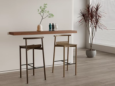 Modern Interior Featuring Two Bar Stools By Wooden Counter With Vase Small Figurines And Plant 3d model