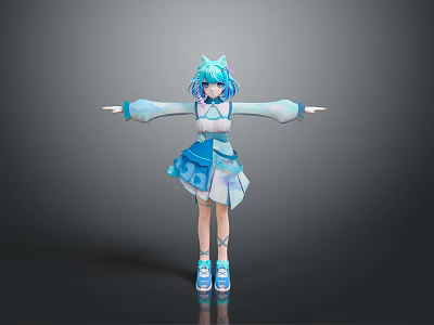 Anime Game Character With Blue Hair Cat Ears And Arms Outstretched In Blue White Dress 3d model
