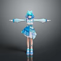 Anime Game Character With Blue Hair Cat Ears And Arms Outstretched In Blue White Dress