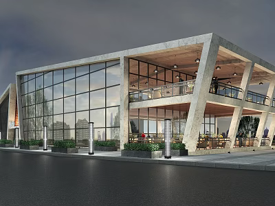 Modern Two Story Building With Glass Facade Concrete Structure And Balcony Greenery 3d model