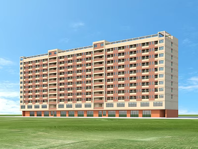 Aerial Planning of Multi Story Apartment Building With Red Brick Beige Exterior and Green Lawn Area 3d model