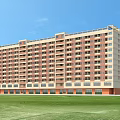 Aerial Planning of Multi Story Apartment Building With Red Brick Beige Exterior and Green Lawn Area
