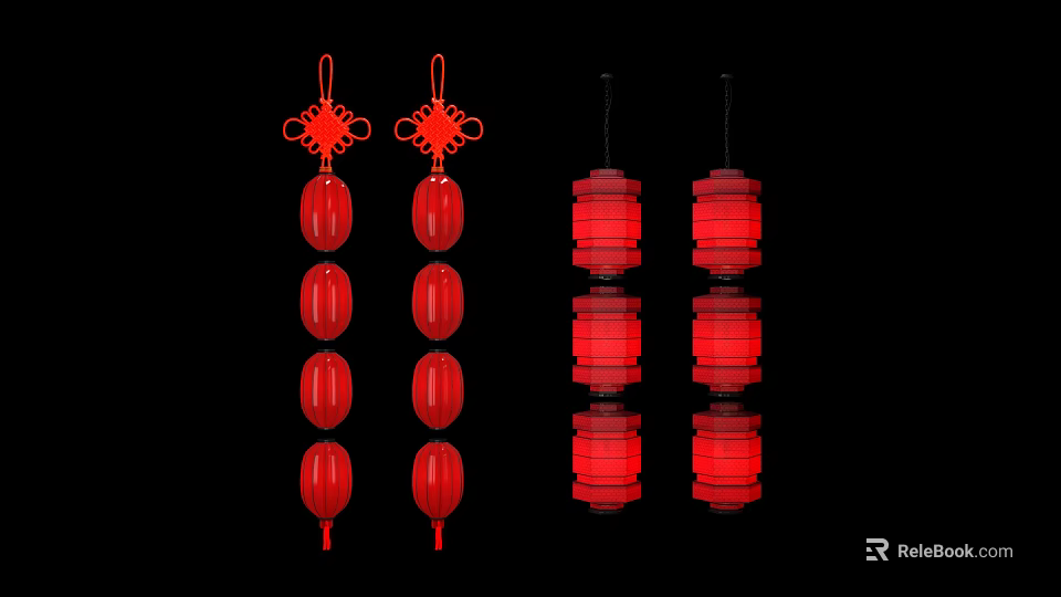 Red Chinese Lanterns With Hanging Knots And Multi Layered Designs On Black Background 3d model 