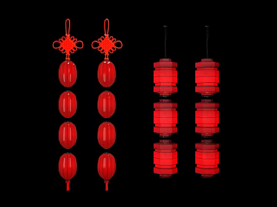 Red Chinese Lanterns With Hanging Knots And Multi Layered Designs On Black Background 3d model