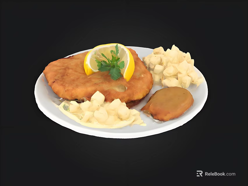 Crispy Fried Schnitzel With Lemon Wedge Parsley Mashed Potatoes And Potato Pancake On Plate 3d model 