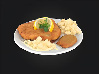 Crispy Fried Schnitzel With Lemon Wedge Parsley Mashed Potatoes And Potato Pancake On Plate 3d model