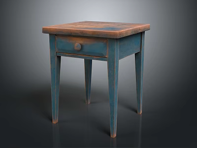 Vintage Wooden Top Side Table With Blue Legs And Single Drawer 3d model